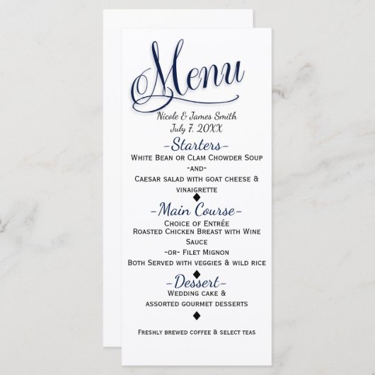 Blauw & Wit Eenvoudig Elegant Trouwmenu Kaart (Voorkant / Achterkant)