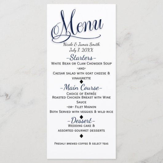 Blauw & Wit Eenvoudig Elegant Trouwmenu Kaart (Voorkant)
