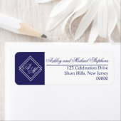 Blauw Wit Eenvoudig Geometrisch Monogram Bruiloft Etiket (Insitu)