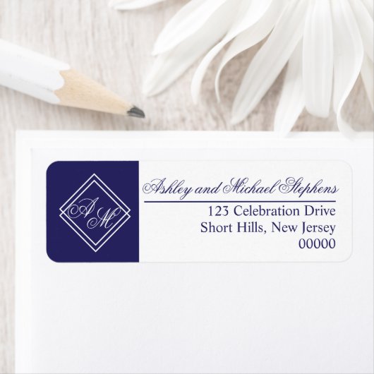 Blauw Wit Eenvoudig Geometrisch Monogram Bruiloft Etiket (Insitu)