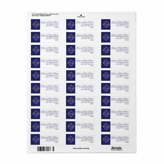 Blauw Wit Eenvoudig Geometrisch Monogram Bruiloft Etiket (Full Sheet)