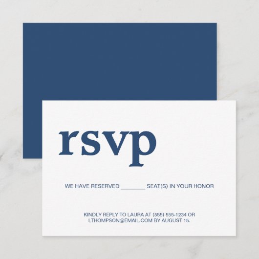 Blauw wit, eenvoudig gereserveerde e-mail of telef RSVP kaartje (Voorkant / Achterkant)