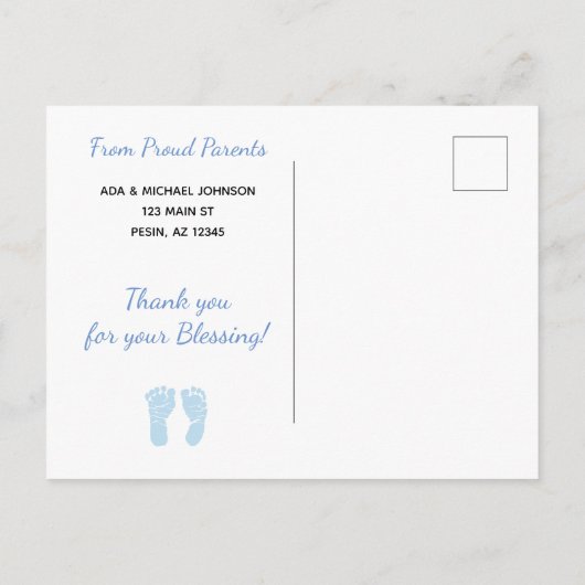 Blauw Wit Eenvoudige Baby Boy Verjaardag Aankondig Aankondigingskaart (Achterkant)