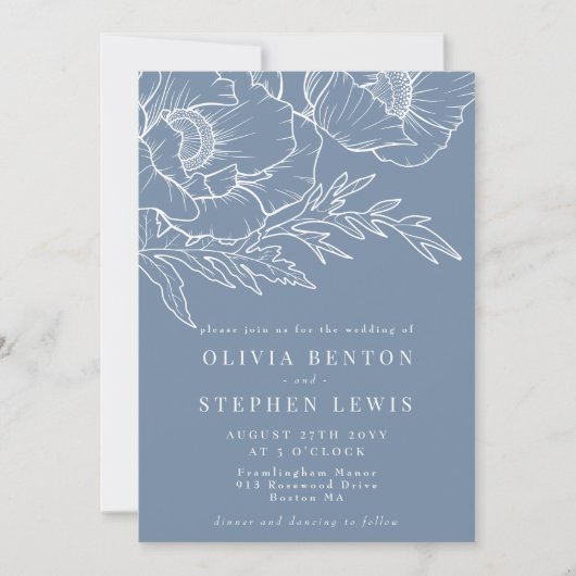 Blauw & Wit | Eenvoudige bloemenbruiloft Kaart (Voorkant)