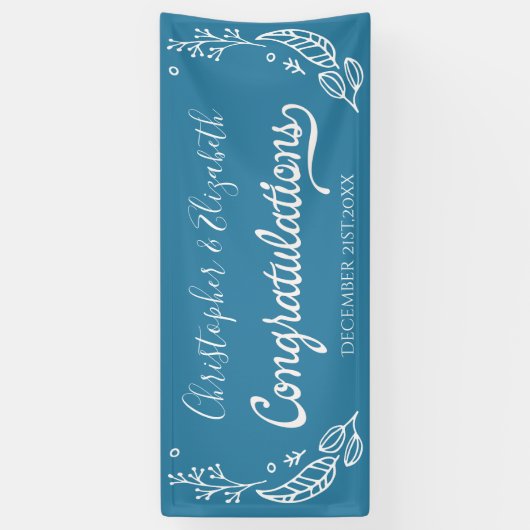 Blauw Wit Elegant Chique Bruiloft Gefeliciteerd Spandoek (Verticaal)