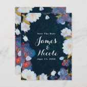 Blauw & Wit Elegant Modern Bloemend Save-the-Date Aankondigingskaart (Voorkant / Achterkant)