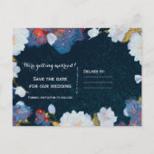 Blauw & Wit Elegant Modern Bloemend Save-the-Date Aankondigingskaart (Achterkant)