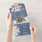 Blauw Wit Elegant Script Photo Flowers Afstuderen All In One Uitnodiging (Afscheurbaar)