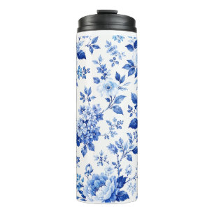Blauw & Wit Elegante Bloemprint Thermosbeker