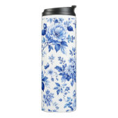 Blauw & Wit Elegante Bloemprint Thermosbeker (Gedraaid links)