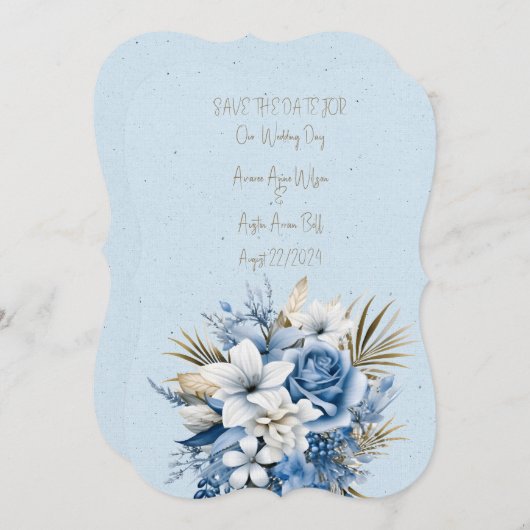 Blauw Wit en Bruin Bloemen Bruiloft Boeket Save The Date (Voorkant / Achterkant)