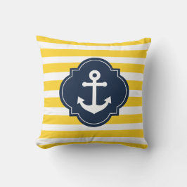 Blauw wit en geel schuin anker gestreept kussen