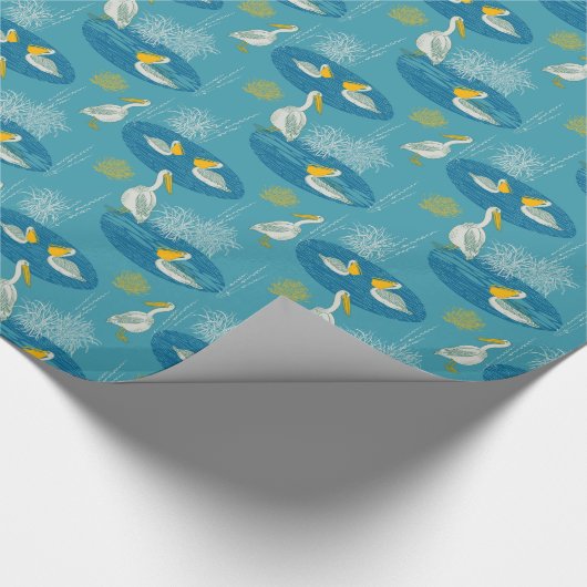 Blauw wit en geel tintelend vogelpatroon cadeaupapier (Hoek)