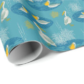 Blauw wit en geel tintelend vogelpatroon cadeaupapier (Rol Hoek)