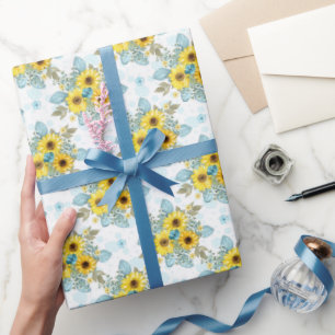 Blauw, Wit en Geel Zonnebloem Arrangement Cadeaupapier