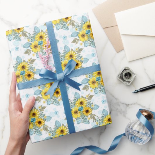 Blauw, Wit en Geel Zonnebloem Arrangement Cadeaupapier (Geschenken)