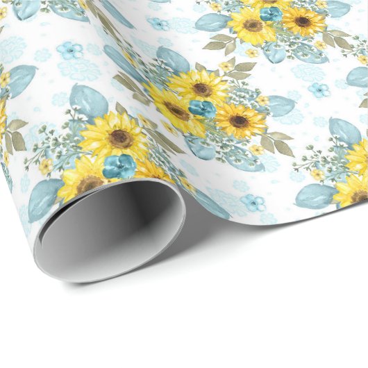 Blauw, Wit en Geel Zonnebloem Arrangement Cadeaupapier (Rol Hoek)
