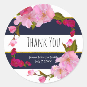 Blauw Wit en Goud Modern Bloem Chic Glam Feest Ronde Sticker