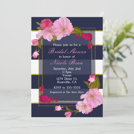 Blauw Wit en Goud Modern Floral Chic Party Kaart (Staand voorkant)