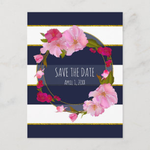 Blauw Wit en Goud Moderne Bloemen Save The Date Aankondigingskaart