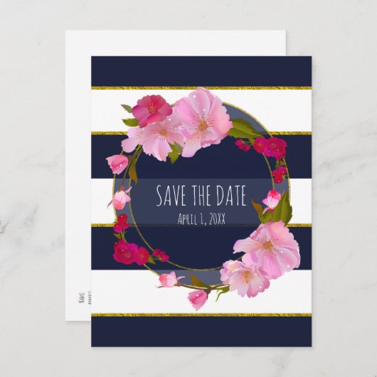 Blauw Wit en Goud Moderne Bloemen Save The Date Aankondigingskaart (Voorkant / Achterkant)