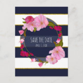 Blauw Wit en Goud Moderne Bloemen Save The Date Aankondigingskaart (Voorkant)