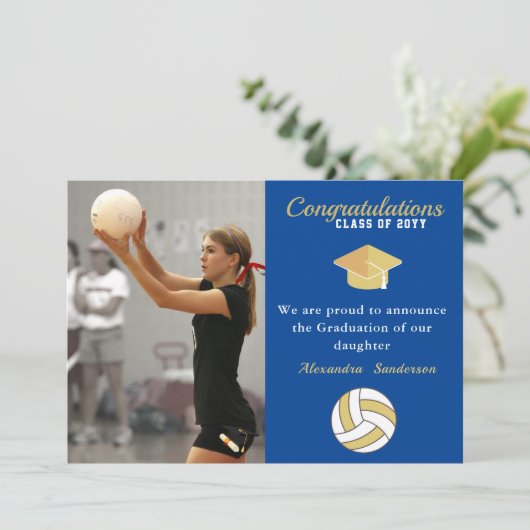 Blauw wit en gouden volleybalafstuderen aankondiging (Staand voorkant)