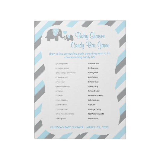 Blauw, wit en grijs Baby shower met olifant - Spel Notitieblok (Linkerzijde)