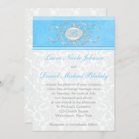 Blauw, wit en grijs Damask Monogrammed Kaart (Voorkant / Achterkant)