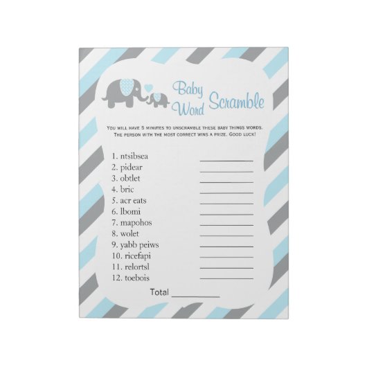 Blauw, wit en grijs ellephant Baby shower Word Gam Notitieblok (Linkerzijde)