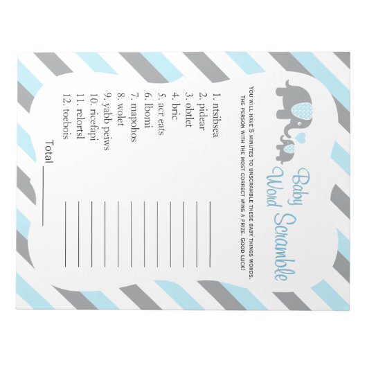 Blauw, wit en grijs ellephant Baby shower Word Gam Notitieblok (Voorkant)