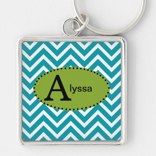 Blauw Wit en Groen Chevron Gepersonaliseerde Sleut Sleutelhanger (Voorkant)