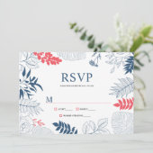 Blauw wit en koraalrood tropisch floraal lijst menu (Staand voorkant)