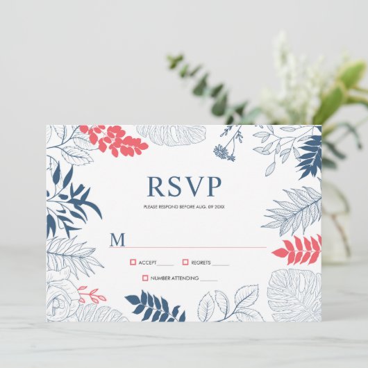 Blauw wit en koraalrood tropisch floraal lijst menu (Staand voorkant)