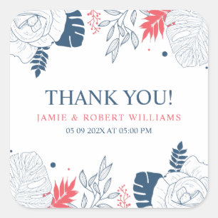 Blauw wit en koraalrood tropisch floraal lijst vierkante sticker