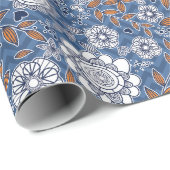 Blauw Wit en Oranje bloemontwerp Cadeaupapier (Rol Hoek)
