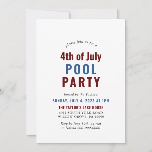 Blauw Wit en Rood 4 juli Pool Party Kaart (Voorkant)