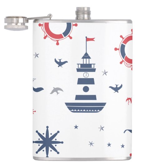 Blauw, wit en rood nautisch ontwerp heupfles (Geopend)