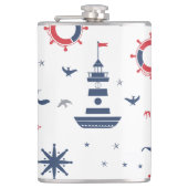 Blauw, wit en rood nautisch ontwerp heupfles (Voorkant)