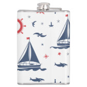 Blauw, wit en rood nautisch ontwerp heupfles (Achterkant)