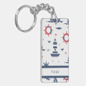 Blauw, wit en rood nautisch ontwerp sleutelhanger (Voorkant Links)