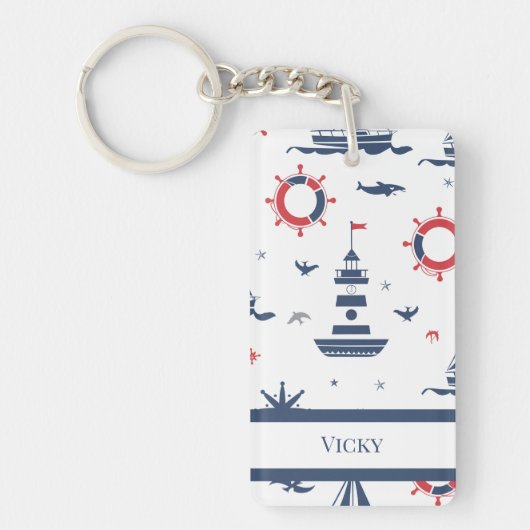 Blauw, wit en rood nautisch ontwerp sleutelhanger (Voorkant)