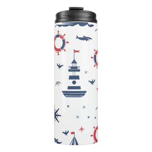 Blauw, wit en rood nautisch ontwerp thermosbeker (Voorkant)