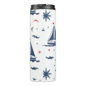 Blauw, wit en rood nautisch ontwerp thermosbeker (Achterkant)