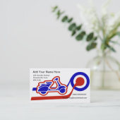 Blauw wit en rood scooter jongen of meisje contact visitekaartje (Staand voorkant)