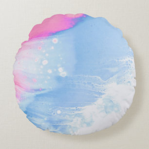 Blauw wit en roze abstract schilderij rond kussen