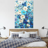 Blauw, Wit en Turquoise Bloem Abstracte Muurkunst Canvas Afdruk (Insitu (Slaapkamer))