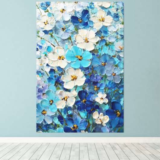 Blauw, Wit en Turquoise Bloem Abstracte Muurkunst Canvas Afdruk (Insitu (Houten vloer))