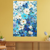 Blauw, Wit en Turquoise Bloem Abstracte Muurkunst Canvas Afdruk (Insitu (Woonkamer))