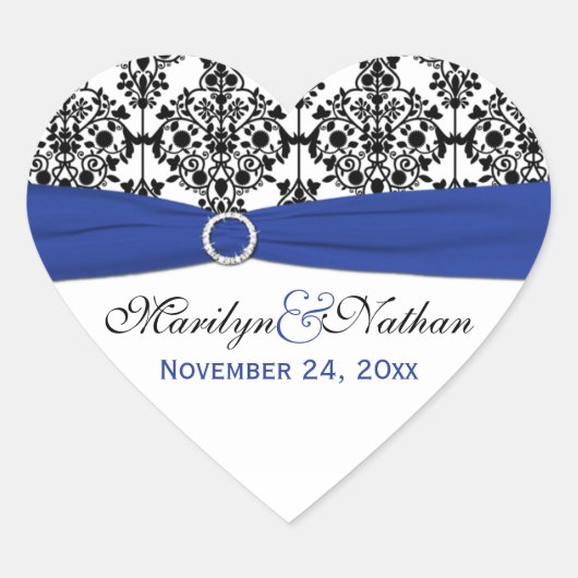 Blauw, Wit en Zwart Damask Heart Shape Sticker (Voorkant)